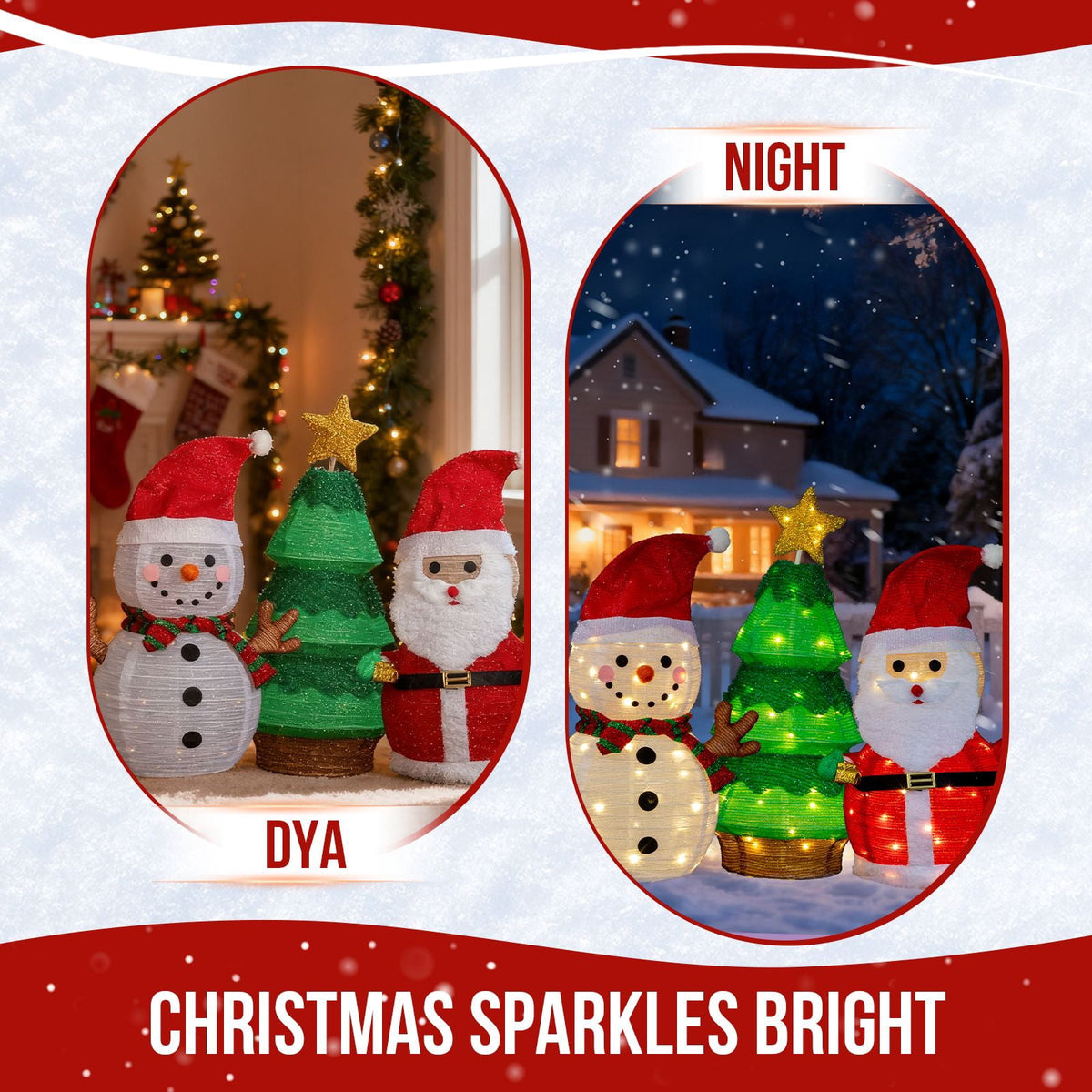 Set of 3 Lighted Santa and Snowman and Xmas Tree Christmas Decorations, Pre-lit Pull Up Holiday Decor with 150 Warm White LED Lights for Xmas Outdoor Indoor Decor Lighted Holiday Displays