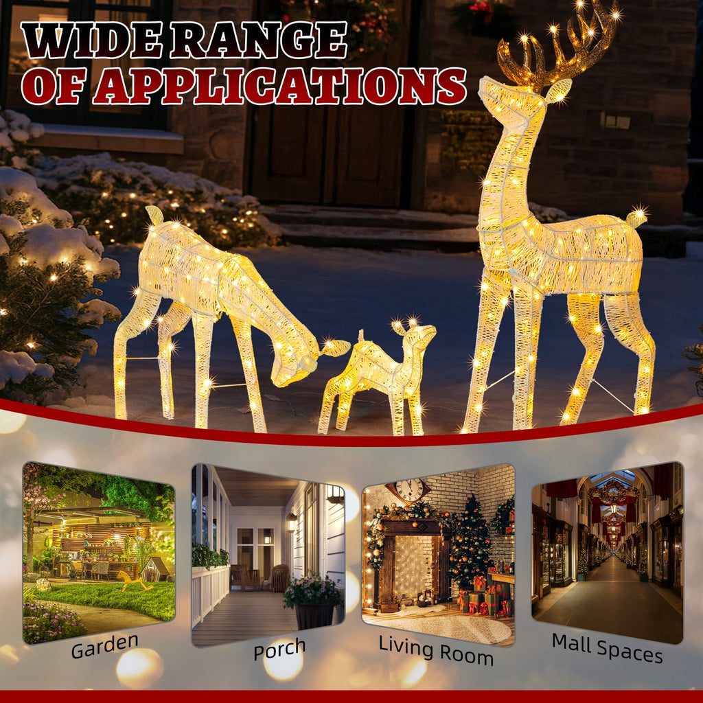 Christmas Decoration for Outdoor, Golden Lighted Christmas Deer Reindeer Family Set, 3 PCS Christmas Ornament with 280 Warm Lights, for Yard Patio Garden Party Home Decor