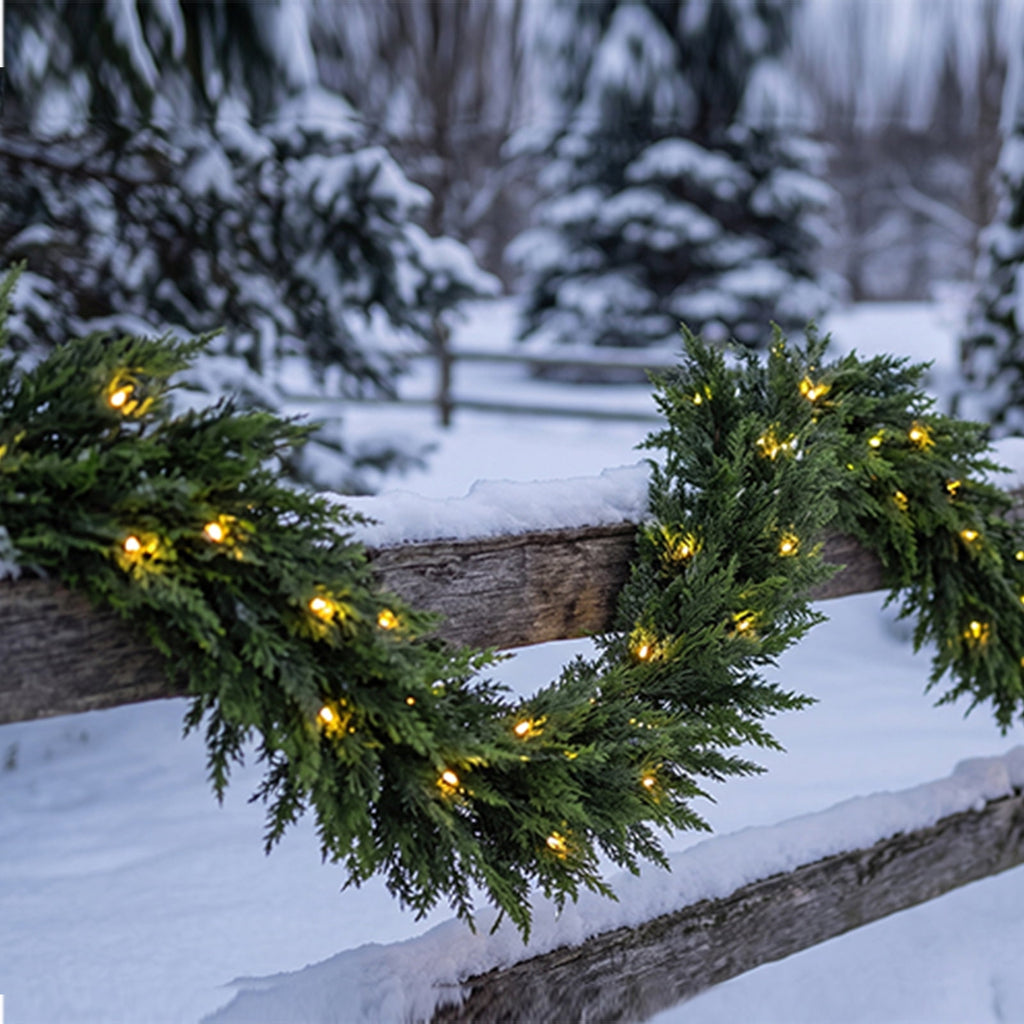 9ft Artificial Cedar Garland with Lights, Norfolk Pine Christmas Garland for Holiday Winter Mantle, Wall, Fireplace, Staircase Indoor Outdoor Decor