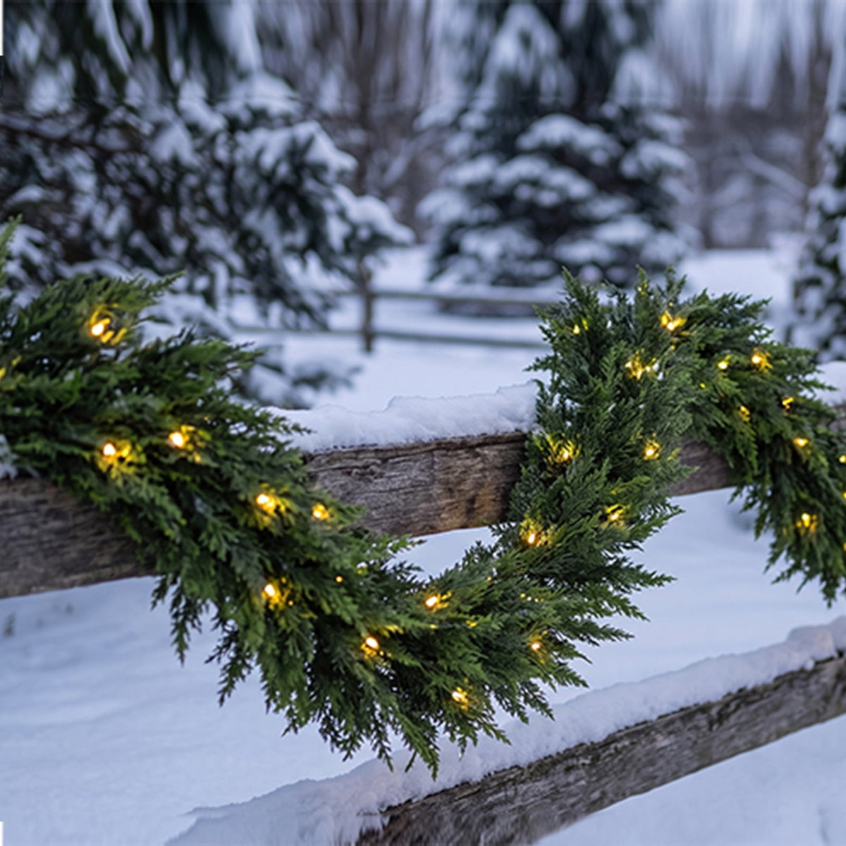 9ft Artificial Cedar Garland with Lights, Norfolk Pine Christmas Garland for Holiday Winter Mantle, Wall, Fireplace, Staircase Indoor Outdoor Decor