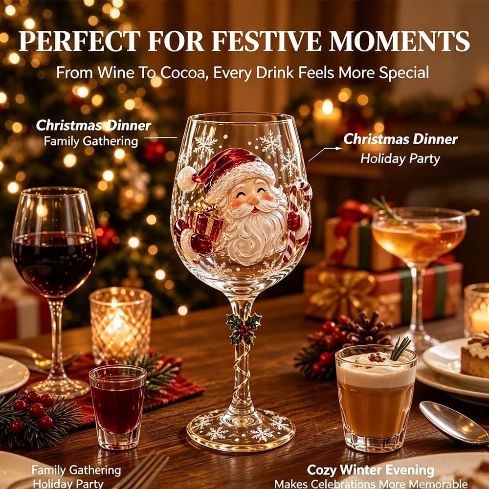 Christmas 3D Wine Glass Collection Gift Box Set, 3D Santa Christmas Wine Glass, Raised Holiday Goblet with Snowflake Decor, Festive Glassware for Wine, Cocktails, Holiday Party & Table Decor