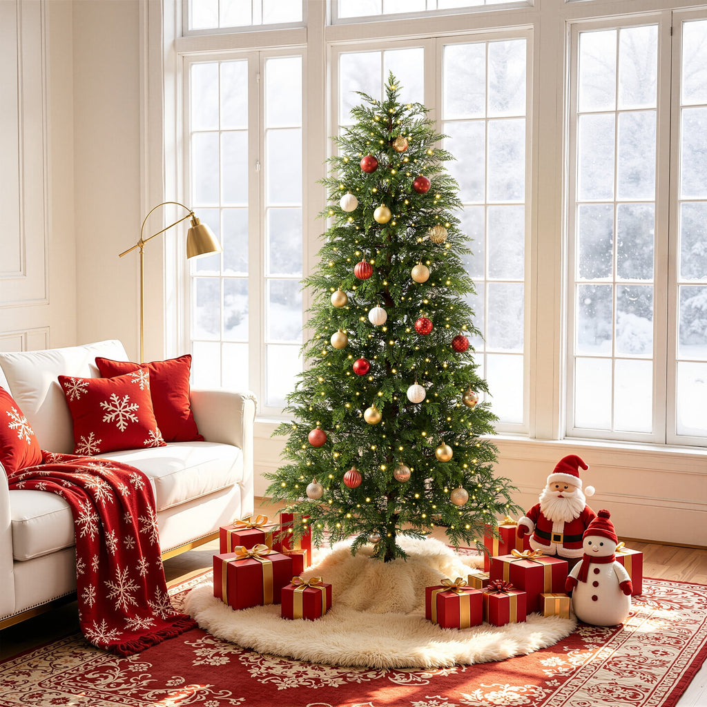  7.5' Pre-Lit Green Cypress Artificial Christmas Tree with 500 Warm White Twinkle LED Lights, Full-Bodied Xmas Tree with Metal Stand, Indoor Holiday Decoration