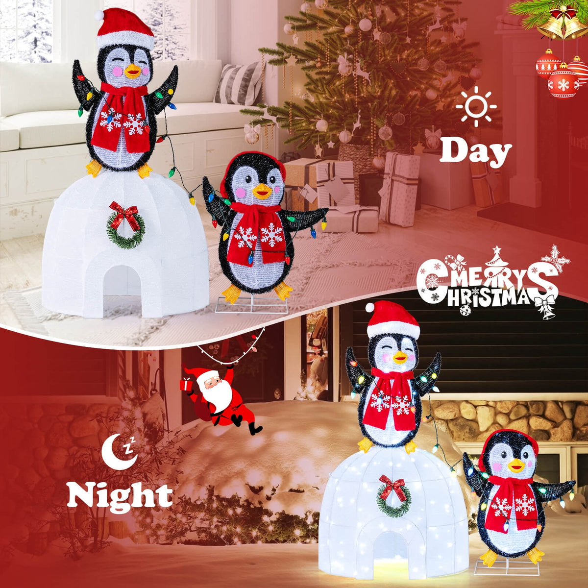 Costway Lighted Christmas Decoration Penguins Igloo 170 White LED Lights for Home Lawn