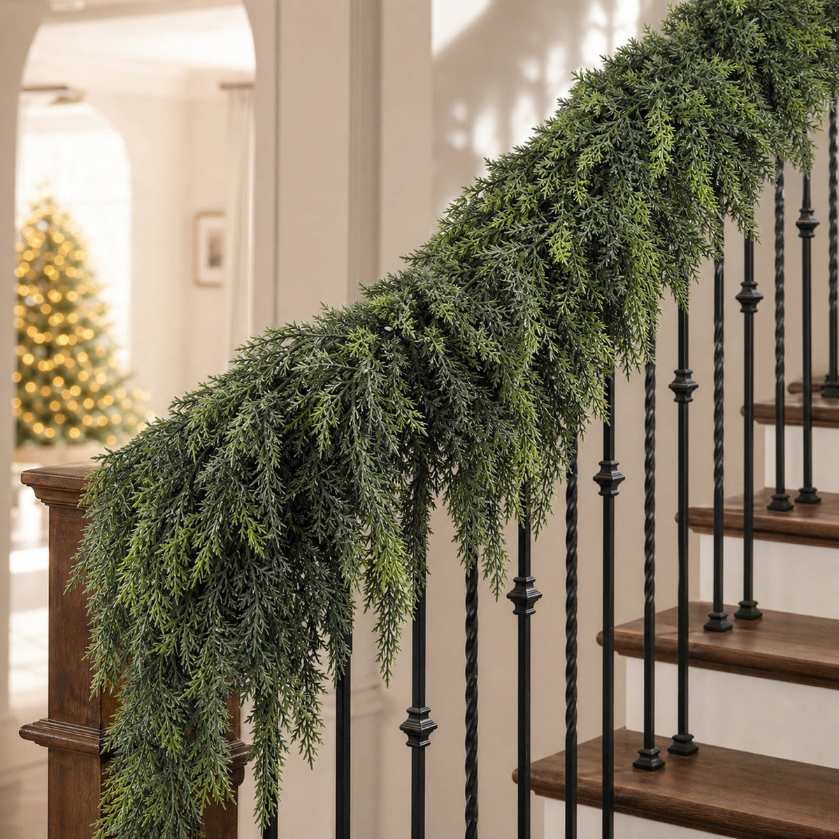  2Pcs 6FT Artificial Christmas Cedar Garland, Realistic Faux Cypress Greenery Garland for Mantel, Stair Railing, Christmas Tree, Perfect Choice for Xmas Decoration