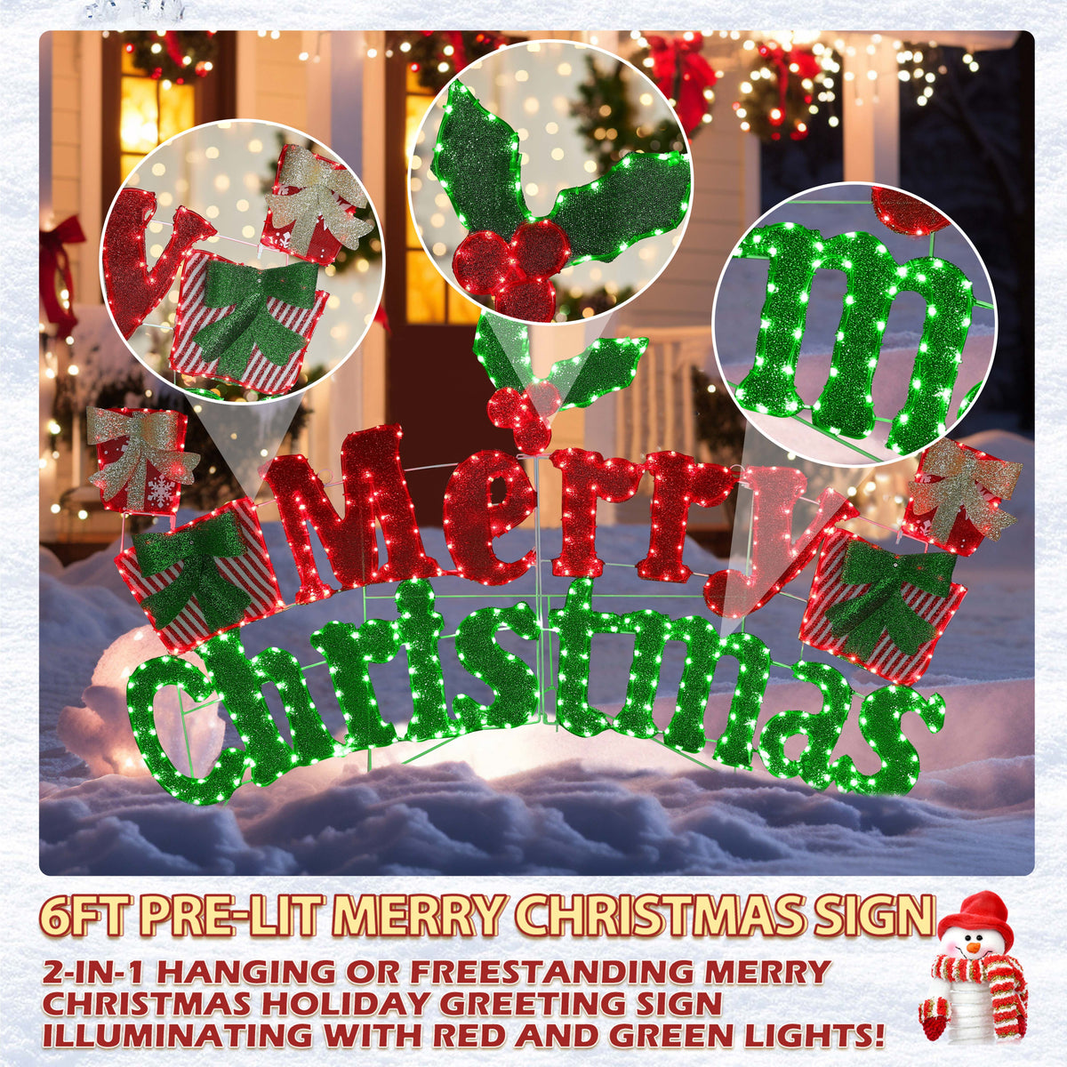 VEIKOUS 6ft Merry Christmas Sign, Lighted Xmas Decorations Indoor & Outdoor W/5-Meter Power Cord for Holiday Backyard Party