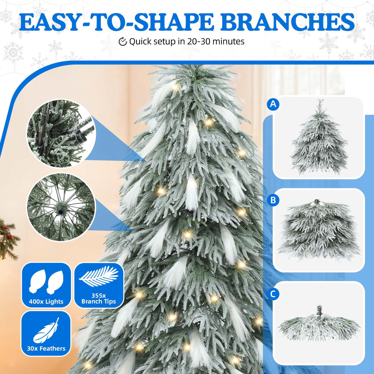 Dextrus 6ft Pre-Lit Flocked Natural Drooping Pampas Christmas Tree with 30 Feathers,Holiday Decoration Christmas Tree with 355 Branch Tips and 400 Lights, for Home, Office, and Party Decor