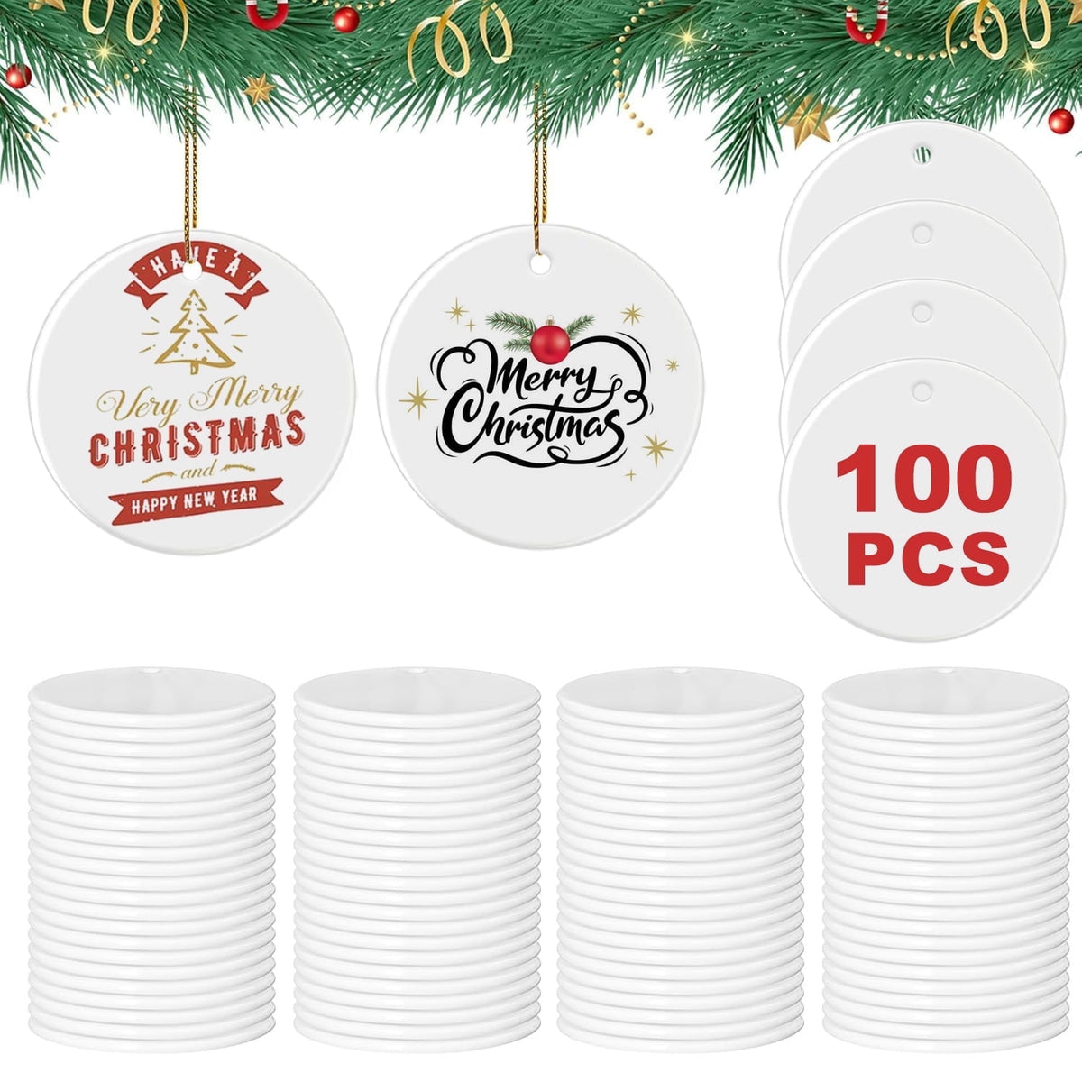 AGH 100 Pack Sublimation Ornament Blanks 3" Ceramic Two-Sided Printed Sublimation Christmas Ornaments Bulk Round White Ornaments for Personalized Xmas Tree Ornament Home Decor Heat Transfer DIY Craft