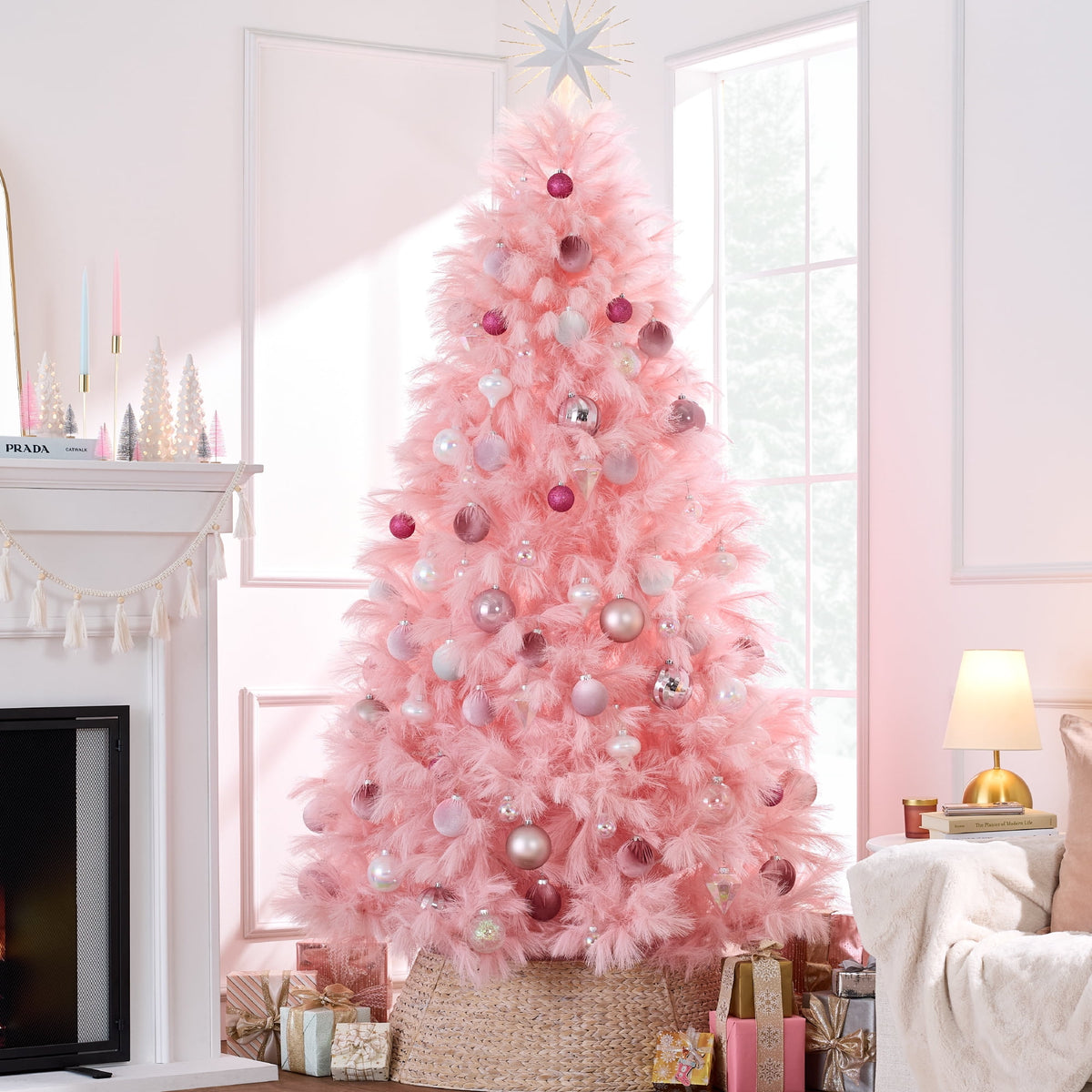  4.5ft Premium Artificial Pink Pampas Christmas Tree Holiday Decor w/ Foldable Metal Base