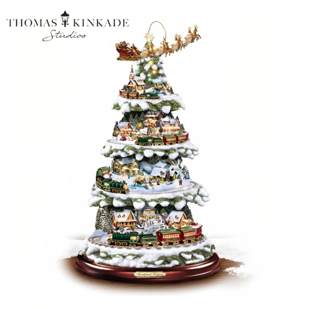 The Bradford Exchange Thomas Kinkade Wonderland Express Christmas Tree Decoration With Santa Sleigh Topper Lights Moving Train and Music With 8 Beloved Xmas Carols 16"-Inches