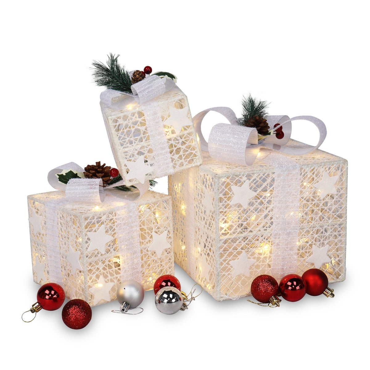 CZBZ Outdoor Christmas Yard Decorations, 3PCS Square ABS Plastic Rack Garden Festive Decoration LED 60 Light Warm Light Cotton Thread Powder Gift Box for Xmas Outdoor Holiday Indoor Decor