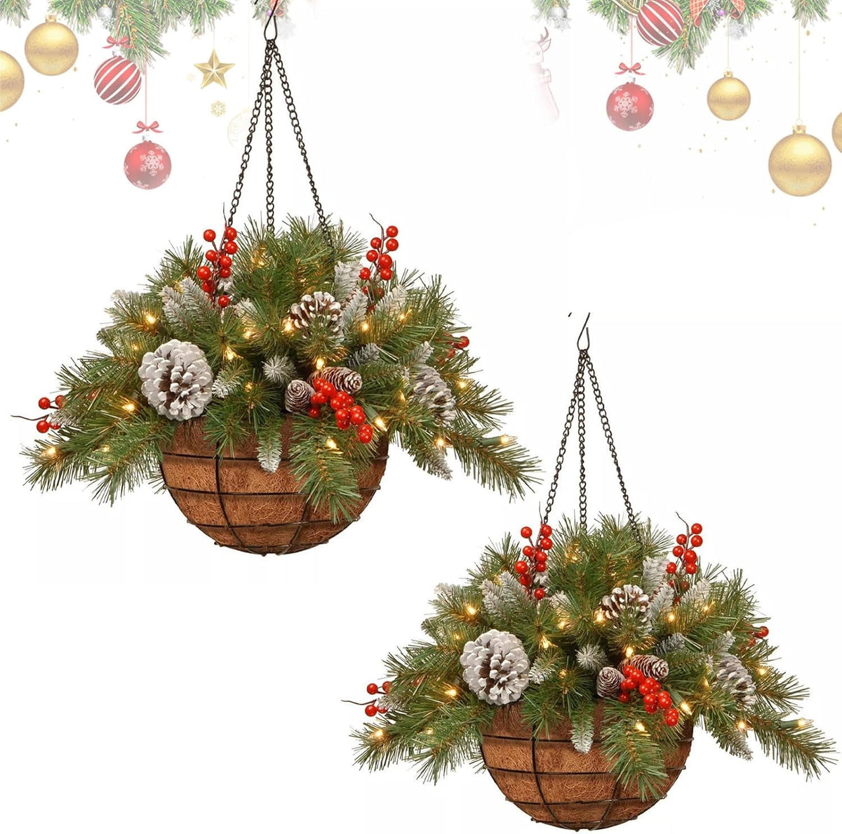 Chanana 2026New Pre-Lit Artificial Christmas Hanging Basket, Outdoor Decoration with Pine Red Berries Pinecones, Festive Planter LED Lights for Porch, Front Door, Home, Garden, Patio, Lawn (2PC)