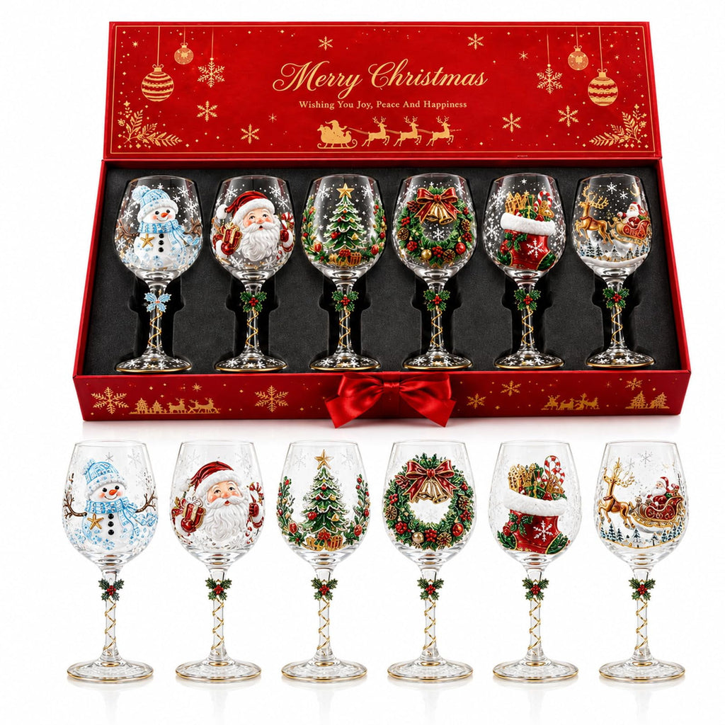 Christmas 3D Wine Glass Collection Gift Box Set, 3D Santa Christmas Wine Glass, Raised Holiday Goblet with Snowflake Decor, Festive Glassware for Wine, Cocktails, Holiday Party & Table Decor