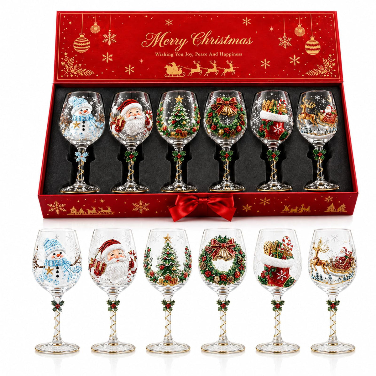 Christmas 3D Wine Glass Collection Gift Box Set, 3D Santa Christmas Wine Glass, Raised Holiday Goblet with Snowflake Decor, Festive Glassware for Wine, Cocktails, Holiday Party & Table Decor