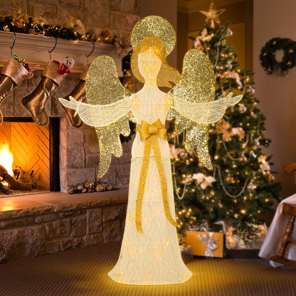Christmas Angel Tinsel Outdoor Lighted Holiday Display�?Lighted Angle Decoration,Pre-lit Light Up With Warm LED Light,Embracing Angels,Plug-in,Christmas Decoration for Indoor Outdoor