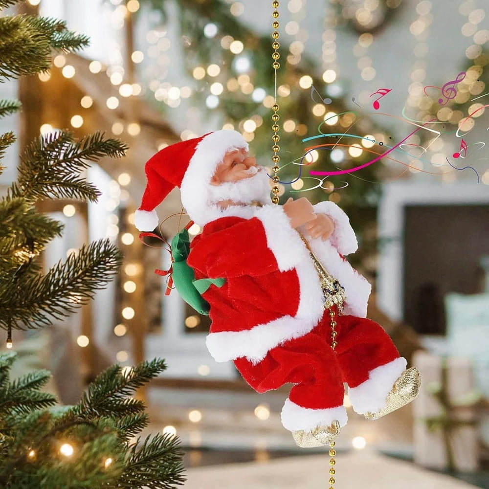 Merriva™ Christmas Electric Climbing Santa with Music & LED Light, Electric Climbing Ladder Santa Claus Doll for Xmas Tree Decorations Hanging Christmas Ornaments Tree Decor Holiday Party Gift