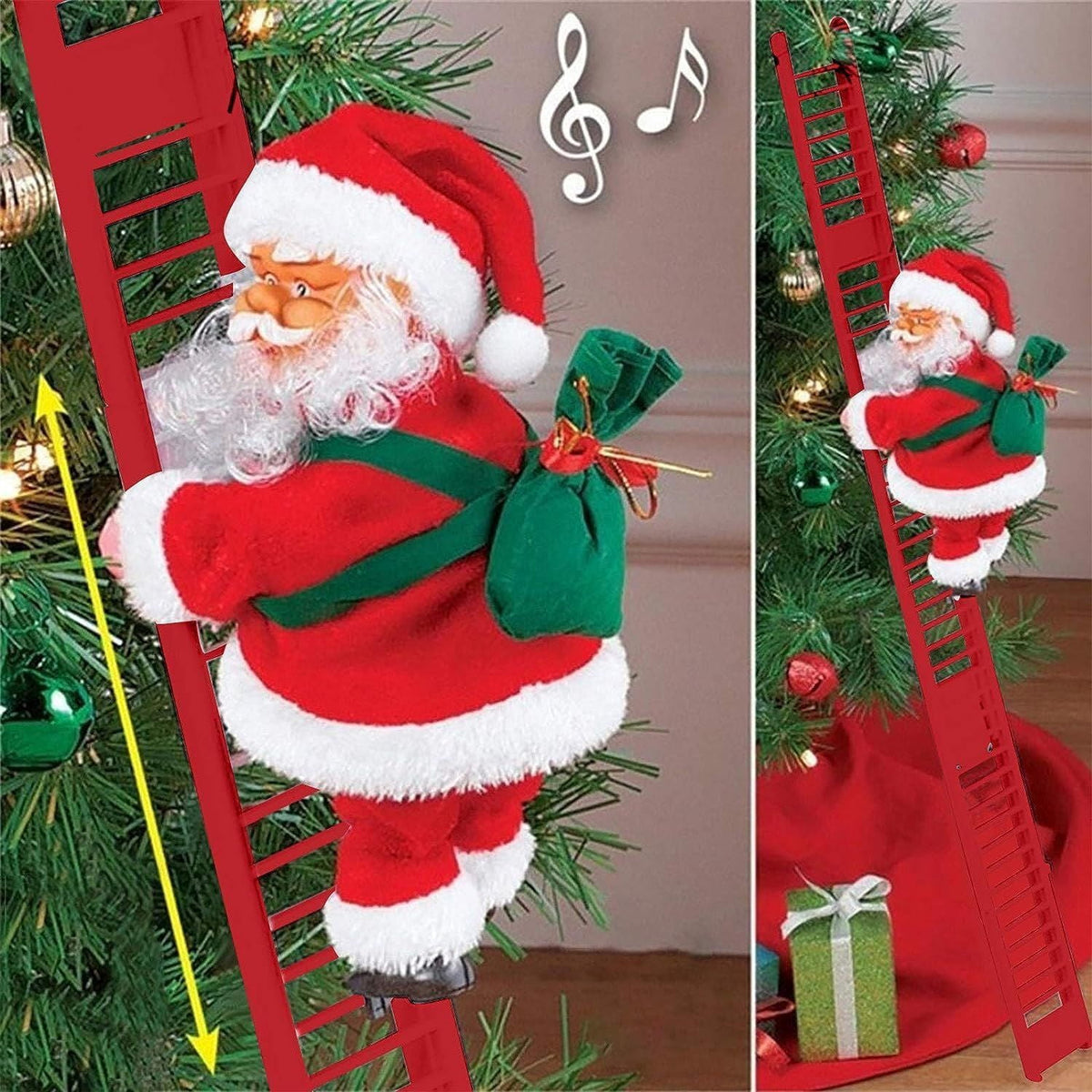 Christmas Electric Climbing Santa with Music & LED Light, Electric Climbing Ladder Santa Claus Doll for Xmas Tree Decorations Hanging Christmas Ornaments Tree Decor Holiday Party Gift