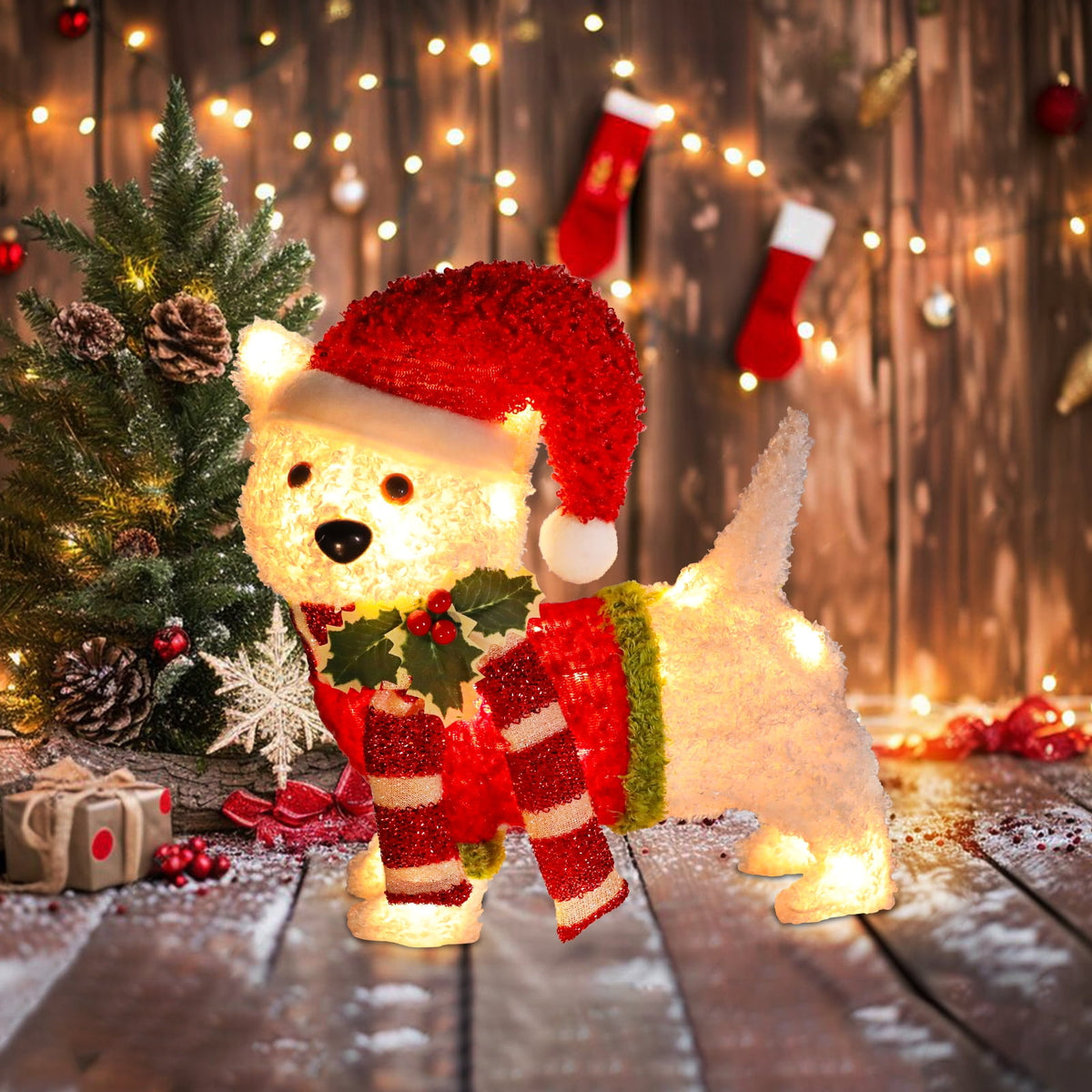 Christmas Outdoor Lighted Holiday Display Tinsel Puppy Dog Yard Decoration�?Pre-lit LED Warm Light,Cute puppy with Christmas Hat,Christmas Decoration for Indoor Outdoor,Holiday Decor