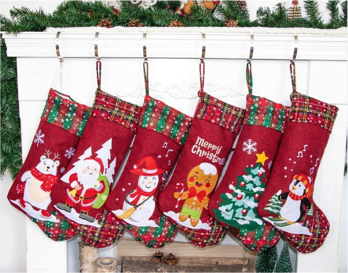 Christmas Stockings GEX 21" 2025 Embroidered Linen Applique Burlap Fireplace Hanging Christmas Ornament for Family Decorations Holiday Xmas Gift New 6 Pack