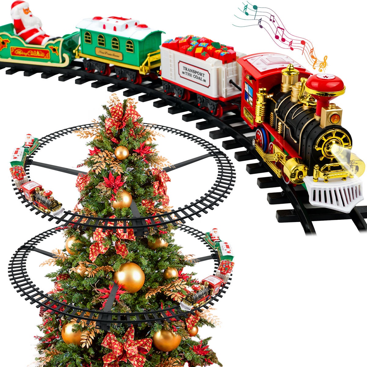 YCFUN Christmas Tree Train Set, Electric Hanging Train Toy with Light & Sound, Battery Operated Christmas Train Decoration