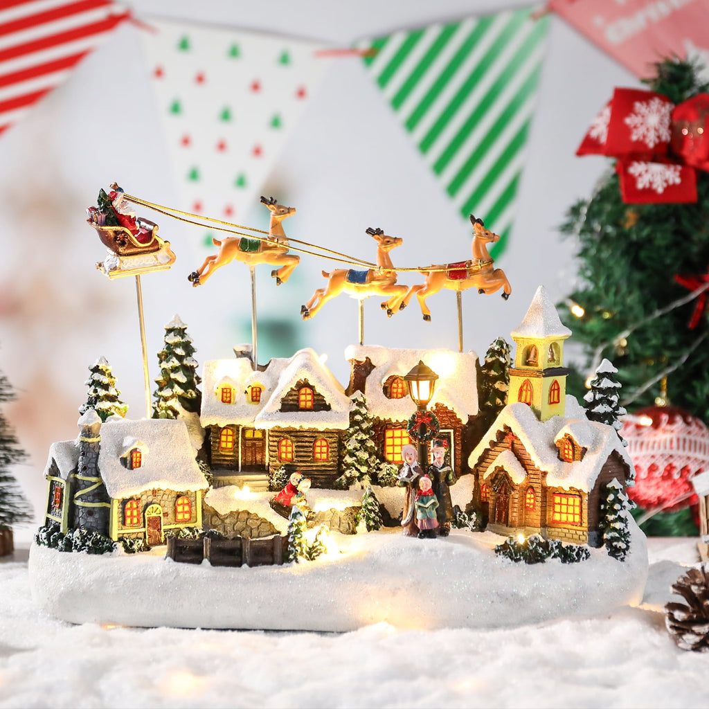 Christmas Village Decor with Rotating Santa & Reindeer,LED Lighting House Crafts Decoration for Home Holiday Christmas Decoration
