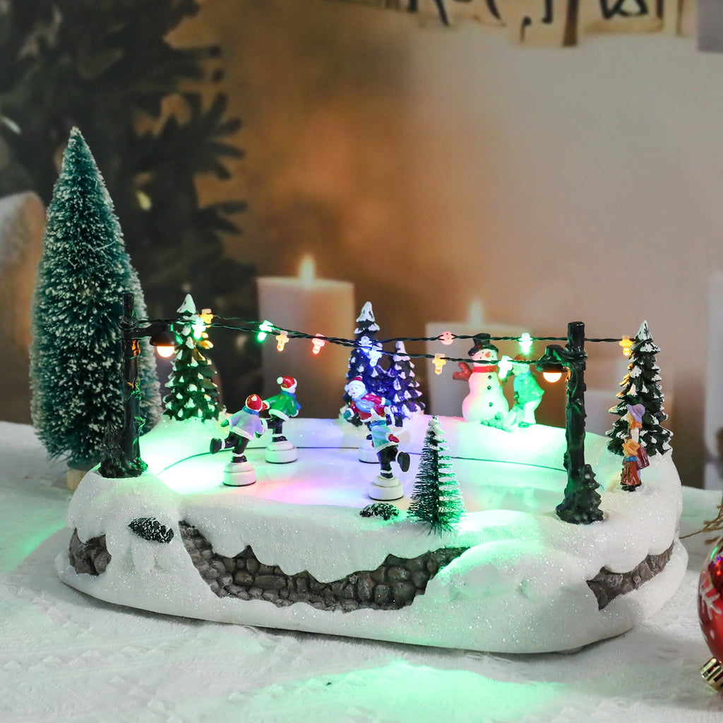 Christmas Village-Christmas Village Ice Skating Scene Decor with LED Lights,Festive Tabletop Decoration Featuring Skaters, Snowman & Trees, Ideal for Indoor Holiday Decor,Christmas Electric Decor