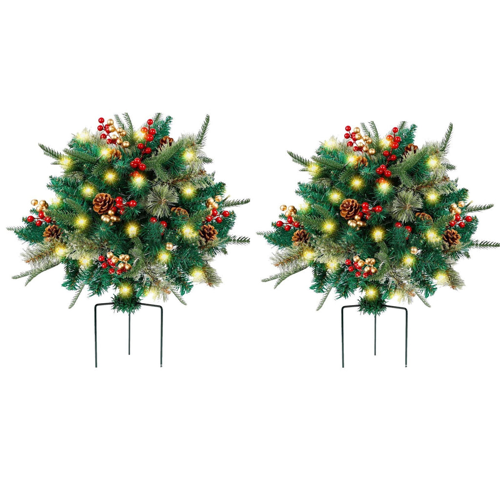  2 Pack Lighted Artificial Christmas Urn Filler, Battery Operated Pre-lit Xmas Pine Trees, Tripod Stake and 20 LED Lights, Holiday Porch Decorations for Porch, Yard, Garden(B)