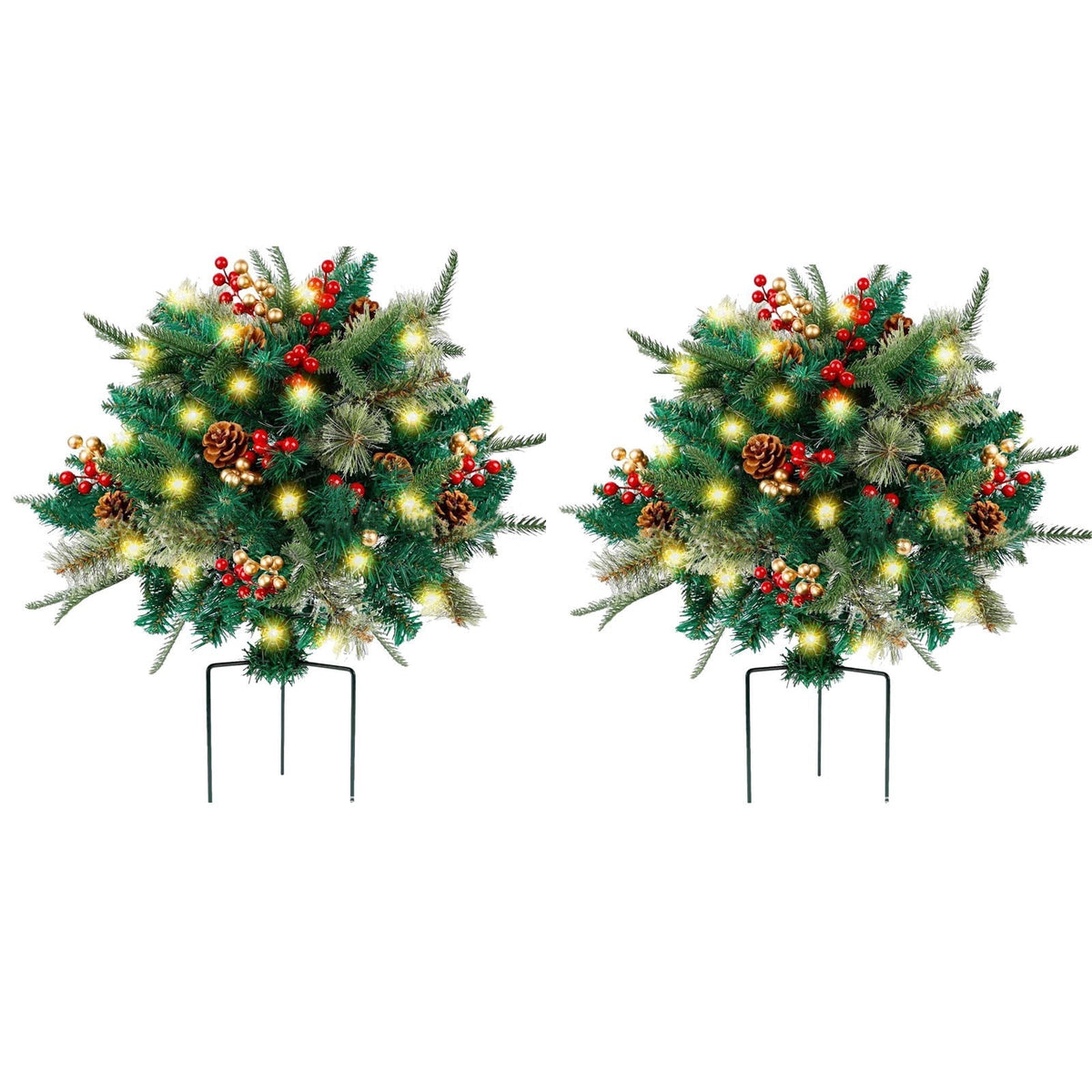  2 Pack Lighted Artificial Christmas Urn Filler, Battery Operated Pre-lit Xmas Pine Trees, Tripod Stake and 20 LED Lights, Holiday Porch Decorations for Porch, Yard, Garden(B)
