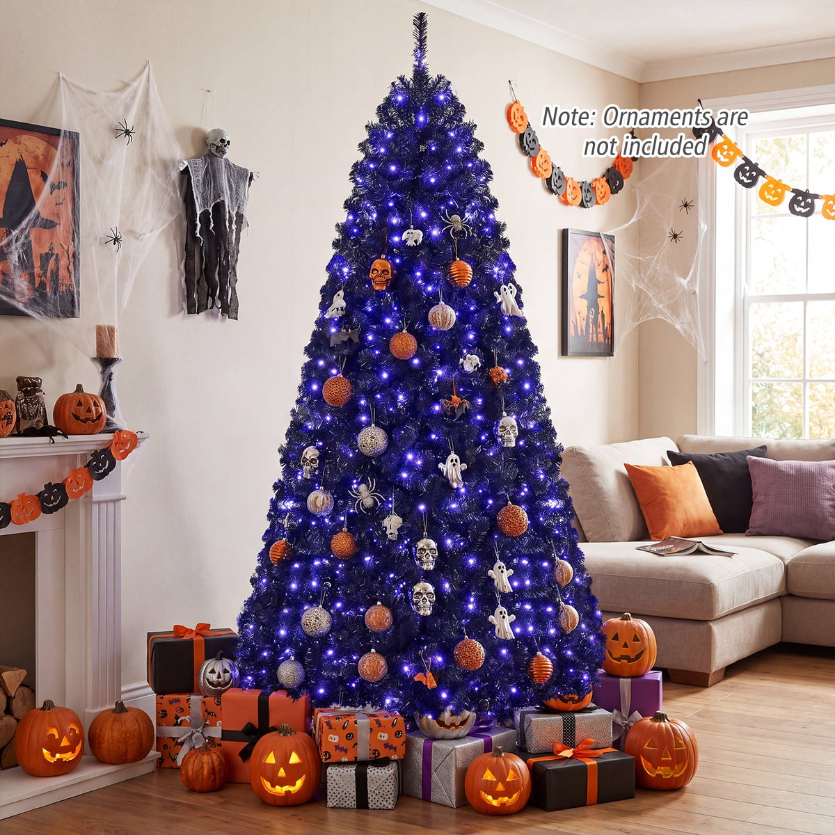 Costway 7 ft Pre-Lit Decoration Tree for Christmas Halloween Hinged Black