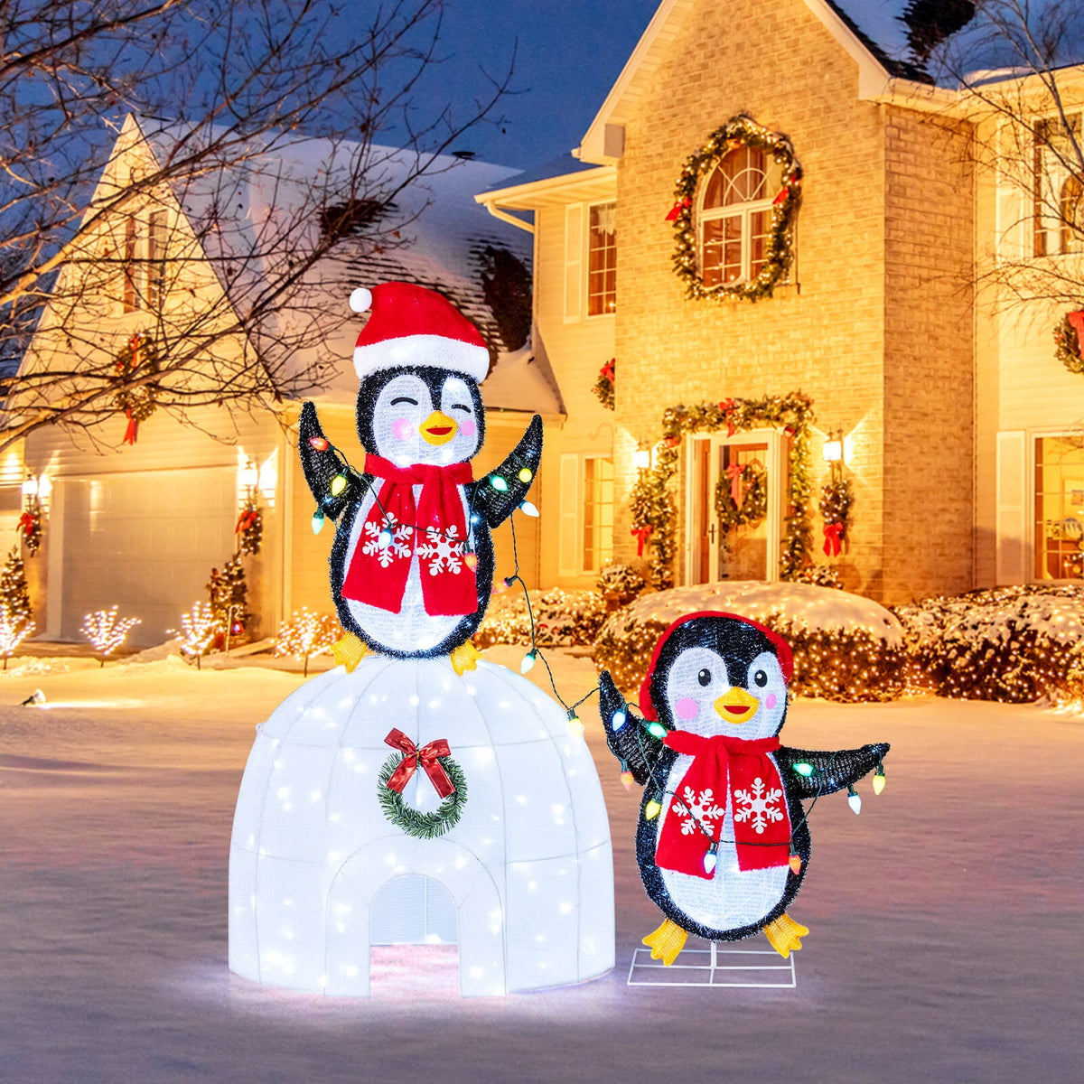 Costway Lighted Christmas Decoration Penguins Igloo 170 White LED Lights for Home Lawn