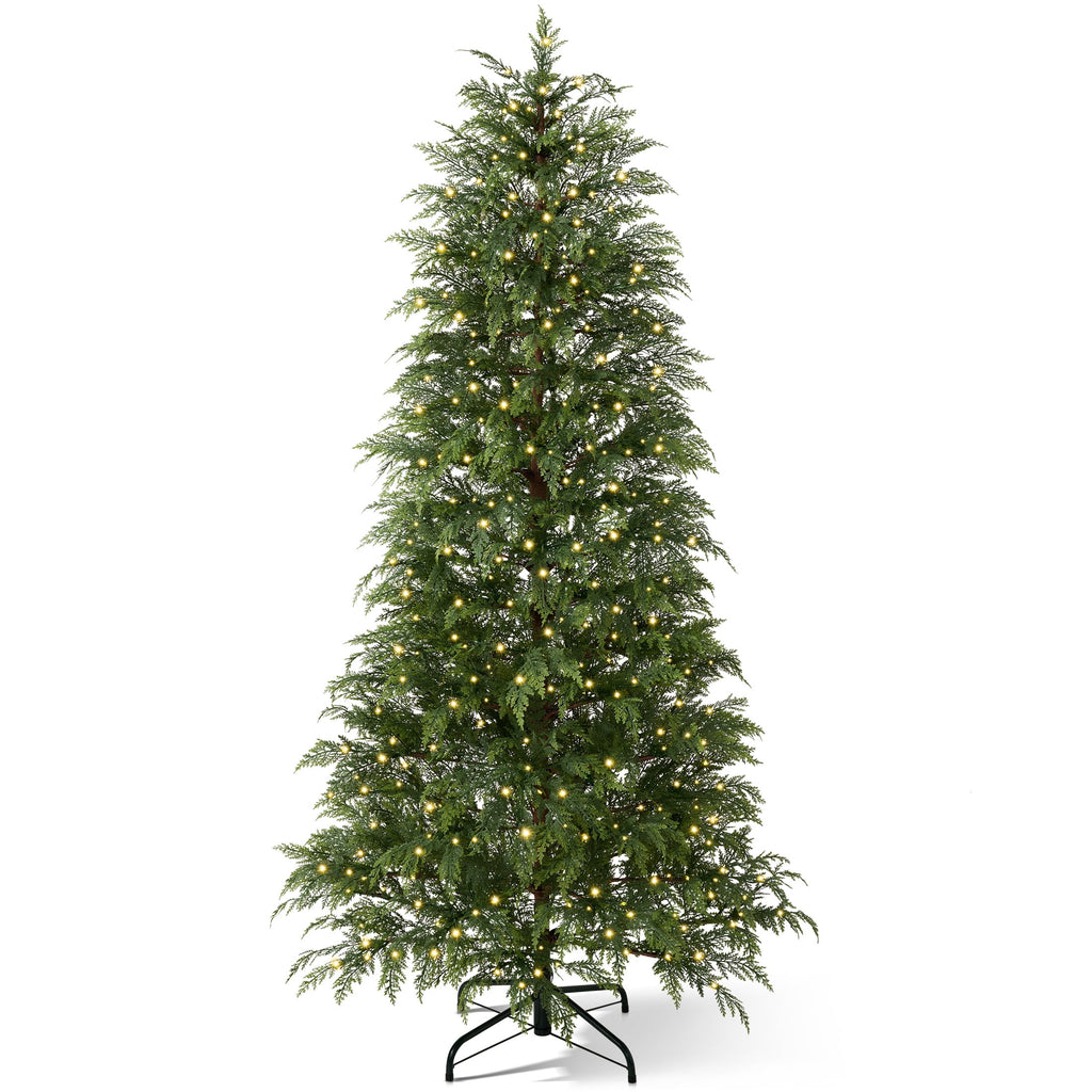  7.5' Pre-Lit Green Cypress Artificial Christmas Tree with 500 Warm White Twinkle LED Lights, Full-Bodied Xmas Tree with Metal Stand, Indoor Holiday Decoration