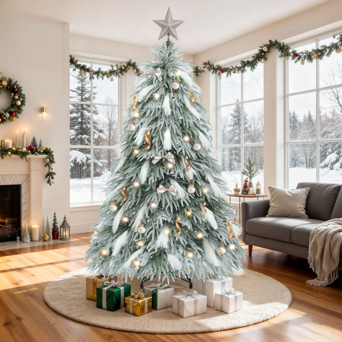 Dextrus 6ft Pre-Lit Flocked Natural Drooping Pampas Christmas Tree with 30 Feathers,Holiday Decoration Christmas Tree with 355 Branch Tips and 400 Lights, for Home, Office, and Party Decor