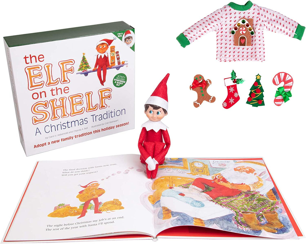 Elf On The Shelf Boy with Customizable Christmas Sweater Set - Blue Eyed Boy Elf w Book, Sweater, and Five Festive Holiday Outfit Decorations