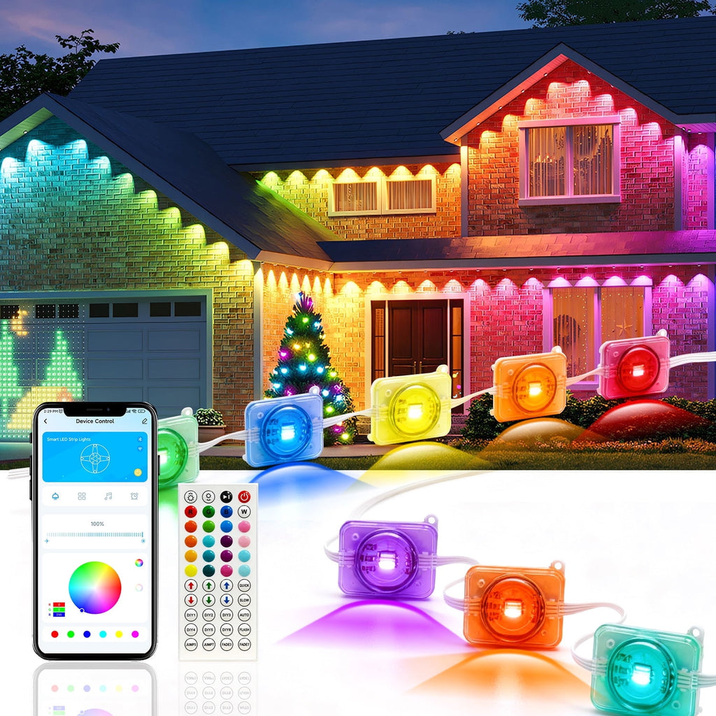 GUPUP 100ft Permanent Outdoor Lights for House, 50 RGB Waterproof LED String Lights, Remote/APP Control Eave Lights for Roof Patio Party Decor