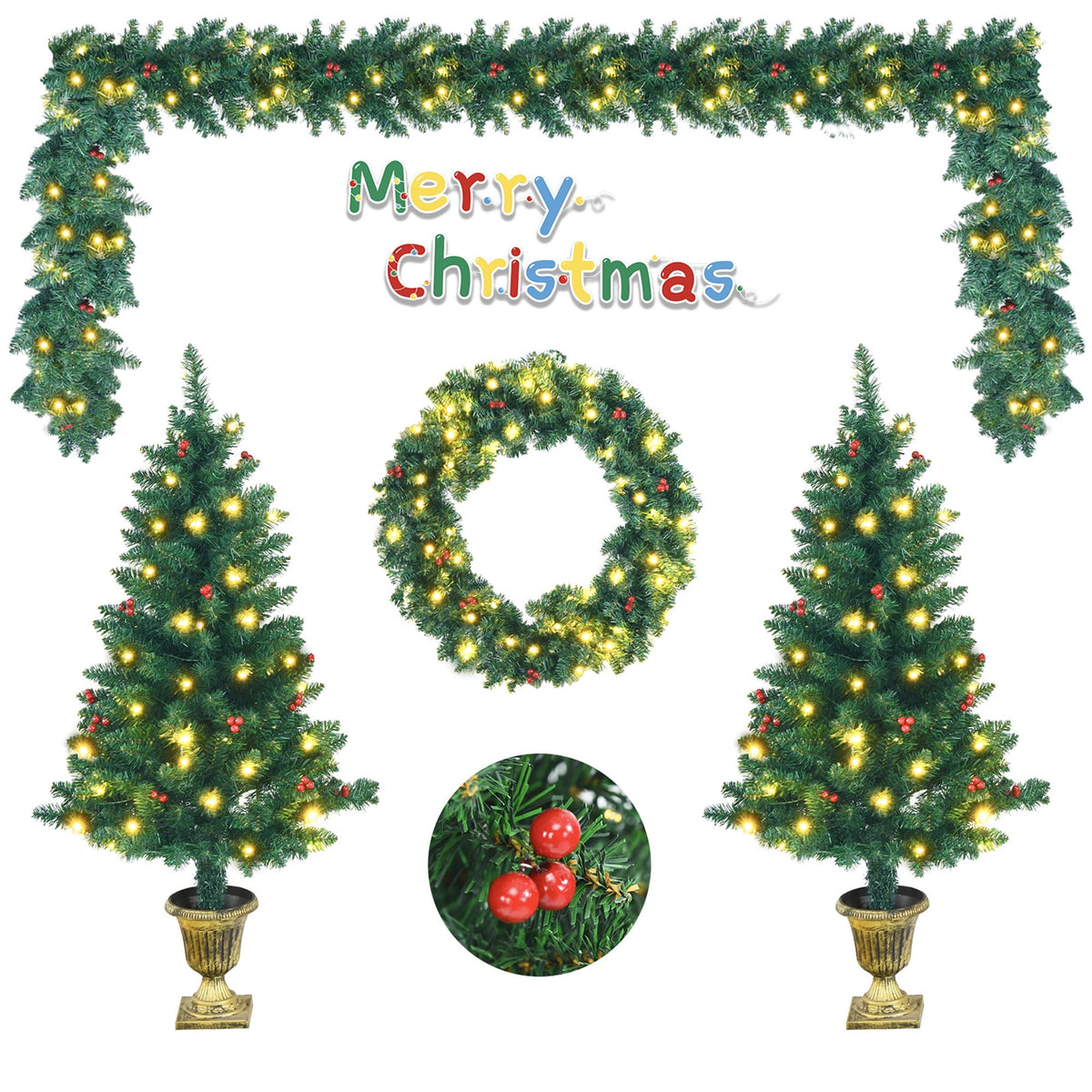 Gymax 4PCS Pre-Lit Artificial Christmas Decoration Set Holiday Decor w/ LED Lights