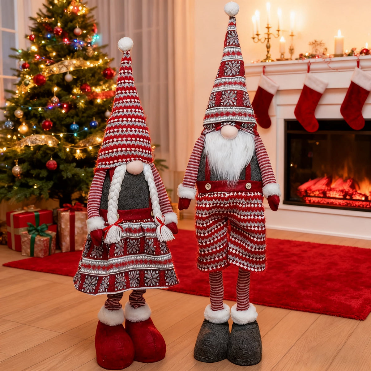 Joyfy 40" Christmas Gnomes Plush Decorations,Standing Couple Decoration Knitting Style with Long Retractable Legs,Tomte Handmade Gnome Gift,Holiday Home Decor Christmas Indoor Decor
