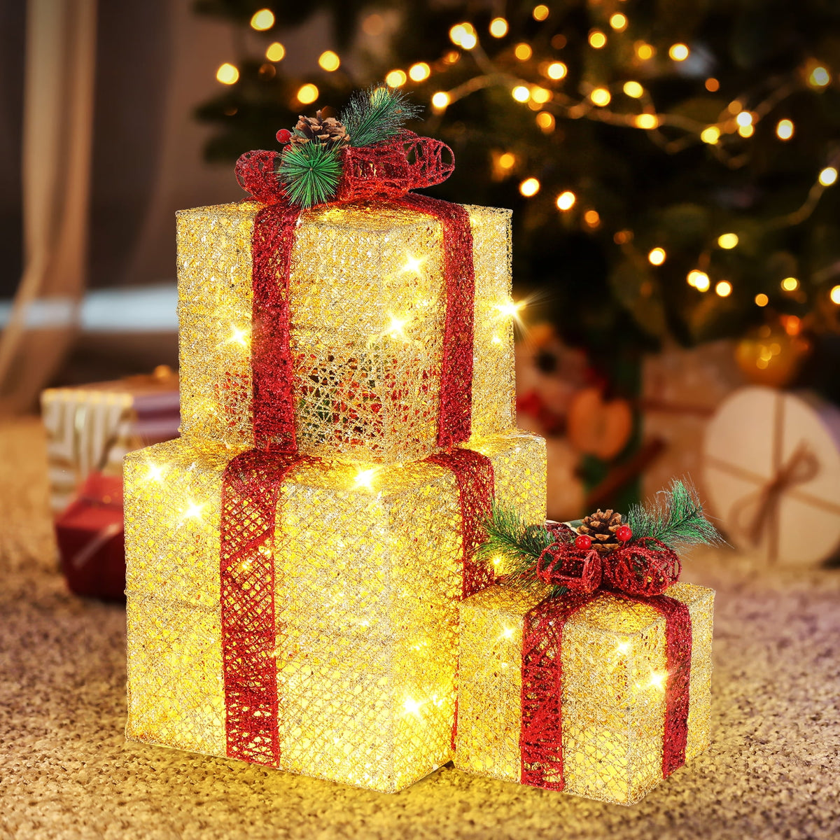 Ktaxon 3pcs Lighted Gift Boxes Decorations Christmas Tree Decor Lighted Gift Boxes Decorations for Garden Yard Home