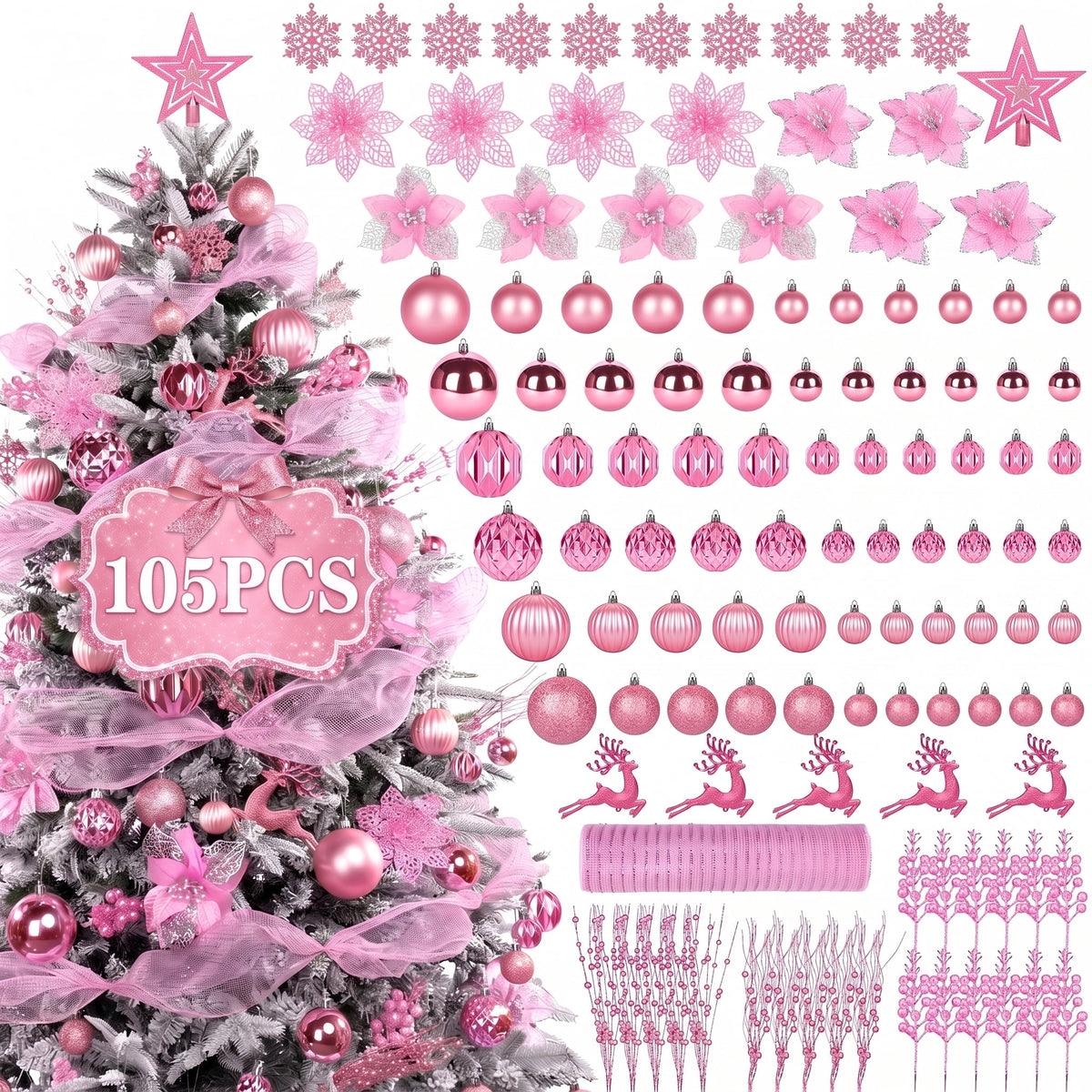 Leyaron Christmas Tree Ornaments, 105PCS Christmas Balls Set with Star Poinsettia Flower Berries Stems for Trees Holiday Xmas Decor, Pink