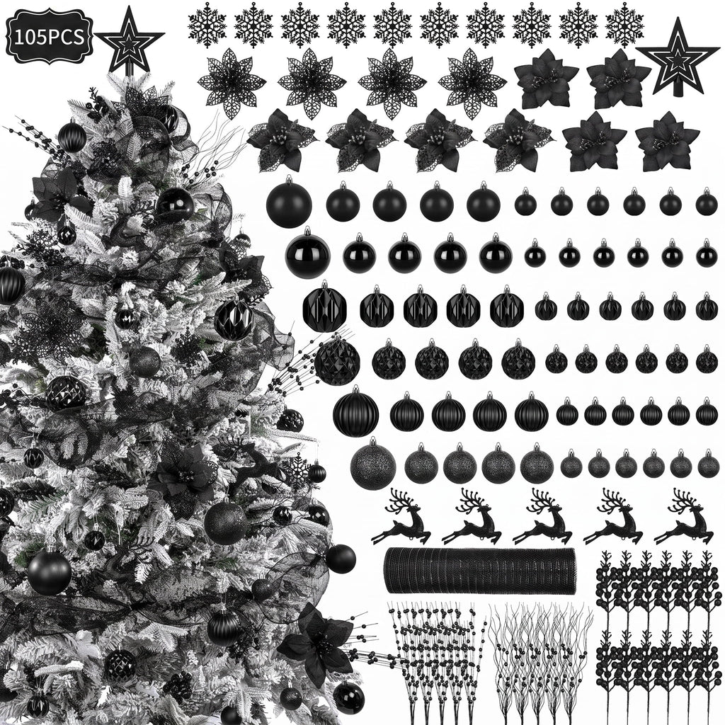 Merriva™ Leyaron Christmas Tree Ornaments, 105PCS Christmas Balls Set with Star Poinsettia Flower Berries Stems for Trees Holiday Xmas Decor
