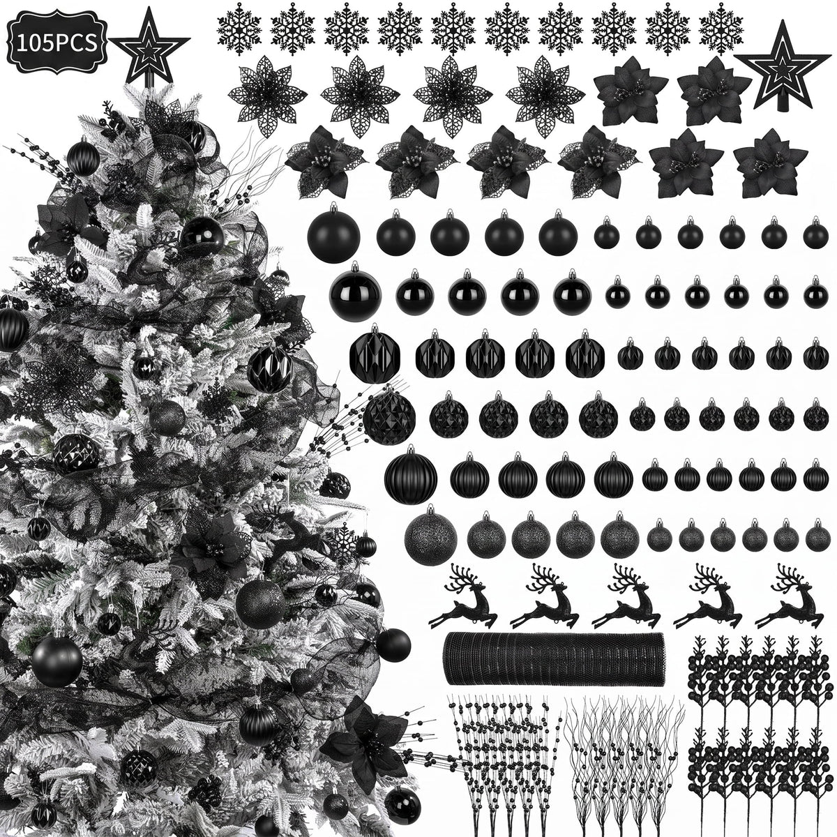 Merriva™ Leyaron Christmas Tree Ornaments, 105PCS Christmas Balls Set with Star Poinsettia Flower Berries Stems for Trees Holiday Xmas Decor