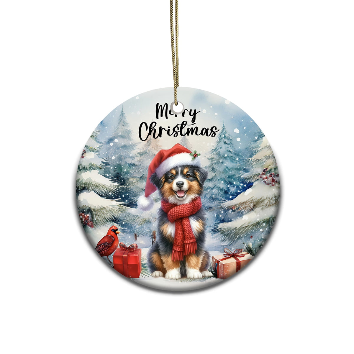 Merriva™ Merry Christmas German Shepherd Enjoys Woofmas Winter Xmas Holiday Ceramic Round Ornament Alsatian Dog Lover Gifts Home Tree Decor - 02022