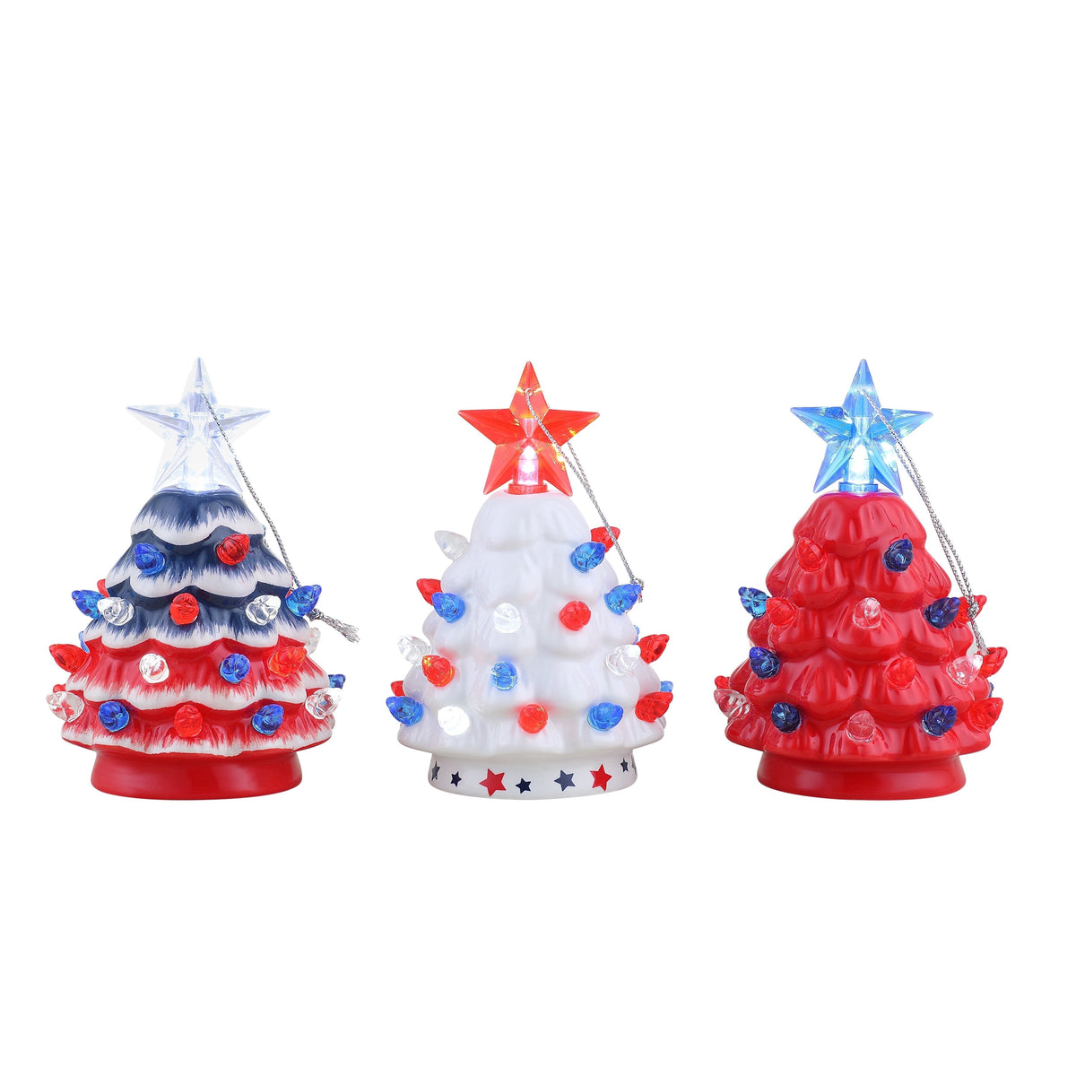  Decoration, Set of 3 Mini Nostalgic Ceramic Patriotic Christmas Trees, Multicolor, One Size, 3 Count