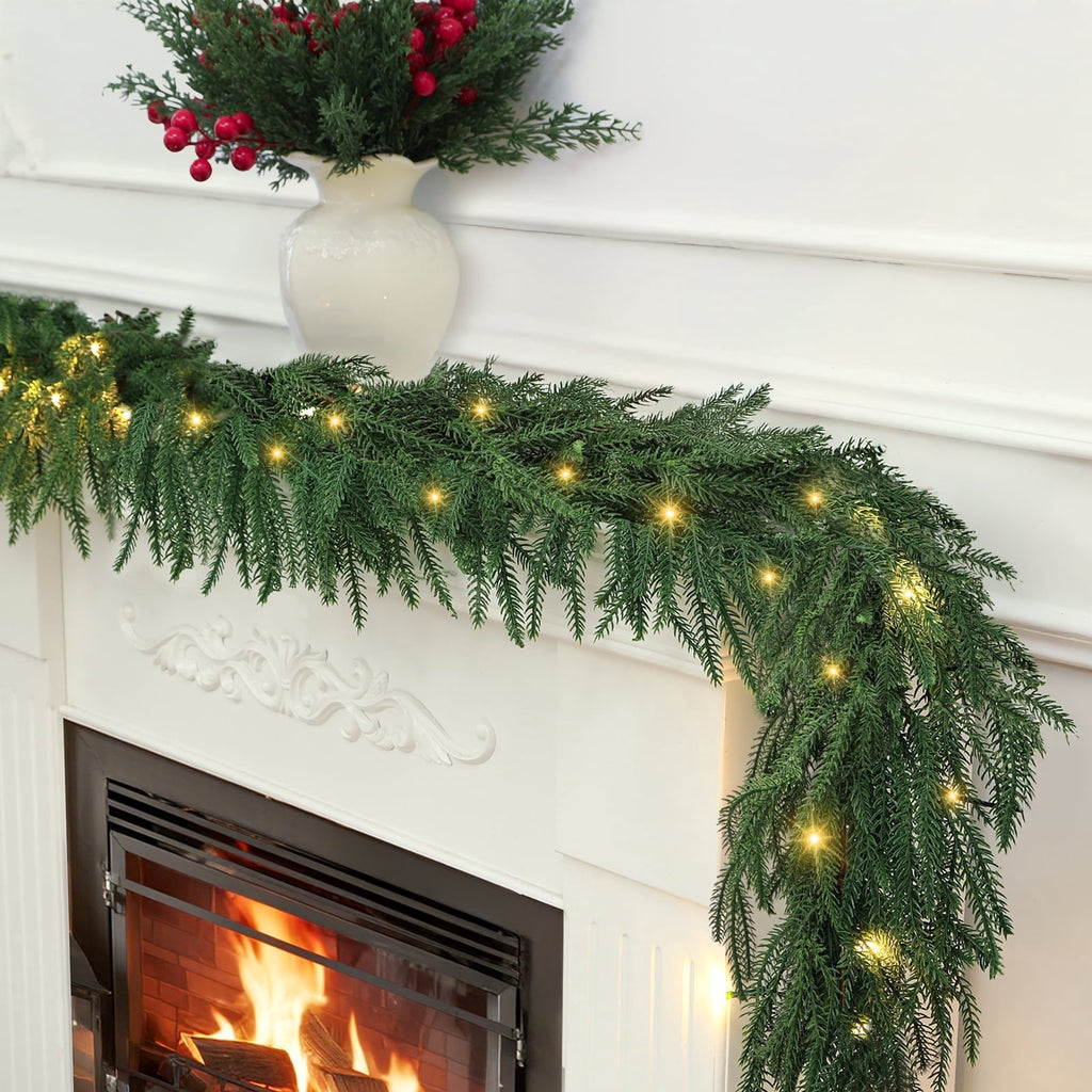 9 ft Artificial Norfolk Pine Garland with LED Lights, Dense Faux Greenery Garland for Holiday Mantle, Table, Wall, Indoor Outdoor Decor