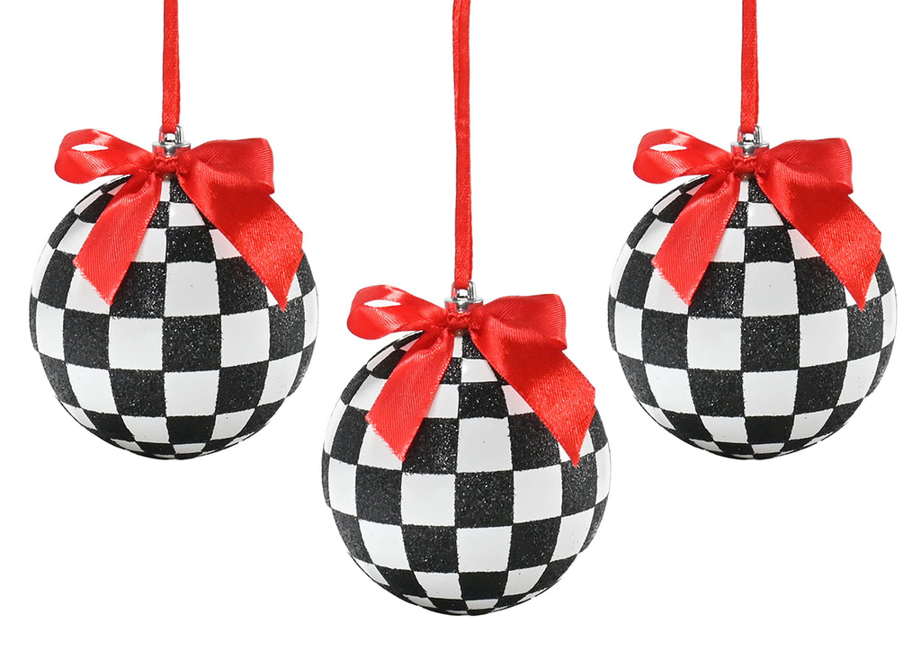 Ornativity Black and White Ornaments - Glittered Black and White Checkered Ball Ornament with Red Bow and String Christmas Tree Decoration Set - Pack of 12