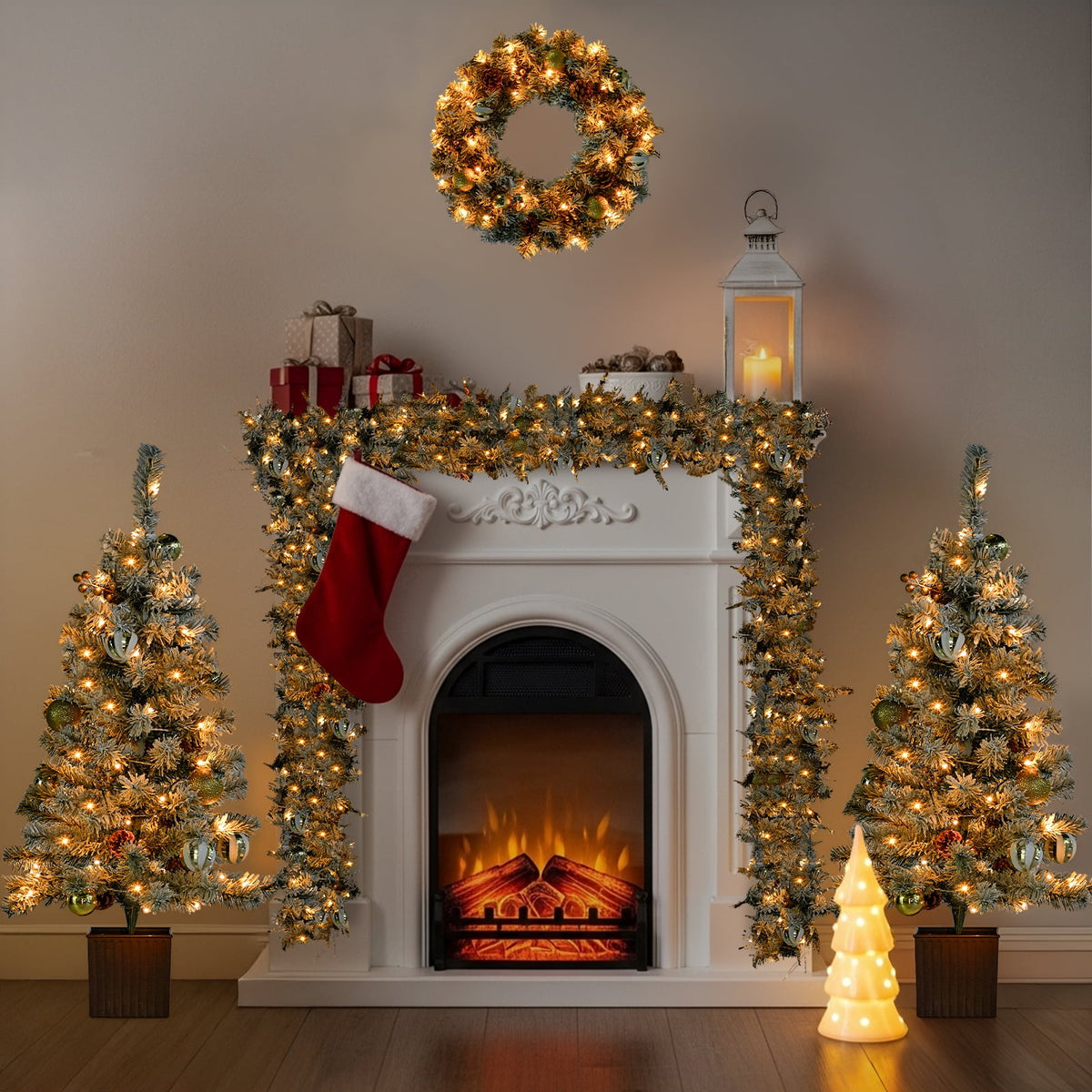 Pre-Lit Christmas Tree Decorations Set, 4 Pcs Indoor Outdoor Christmas Decorations W/ 2 Lighted Christmas Trees Wreath Garland, Artificial Christmas Xmas Decorations with 10 Light Modes, Dark Green