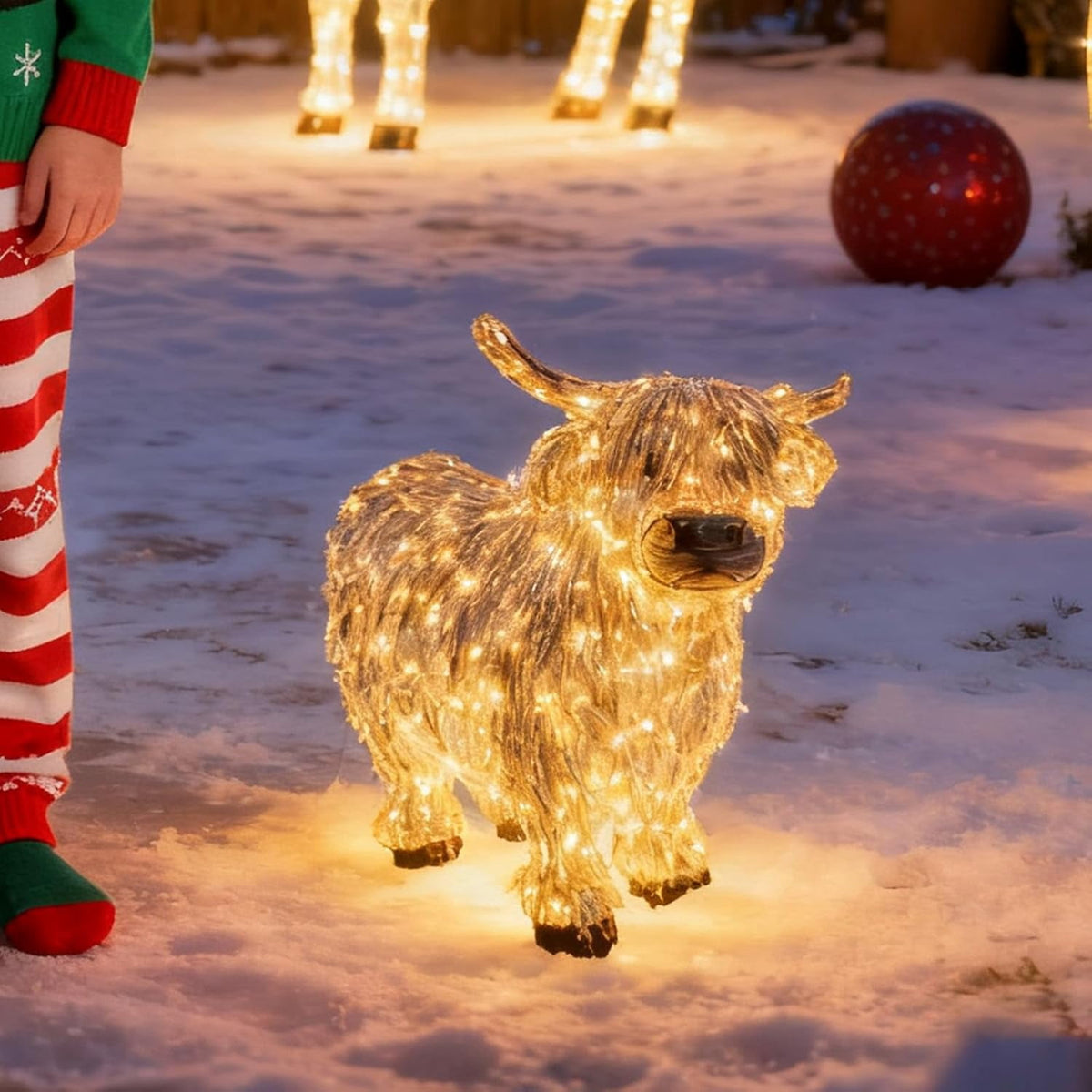 Pre-lit Highland Cow Christmas Decor, 3D Lighted Highland Cow Outdoor Indoor Decorations with Warm White Lights, Western Cowboy Glowing Christmas Ornaments for Yard Porch Garden Xmas