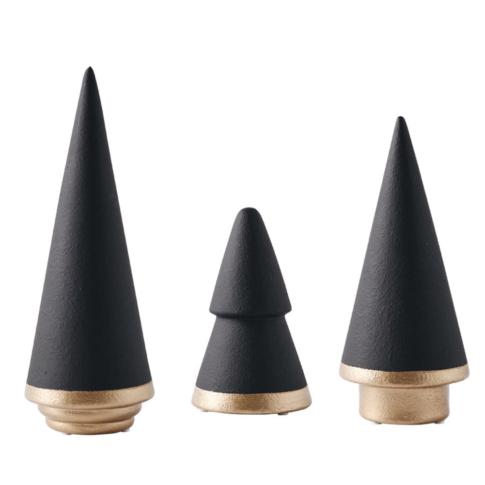 QIAOIDEA Set of 3 BLACK Simple Elegant Ceramic Christmas Tree Tabletop Counter Centerpiece Mantel Shelf Home Decor Accents Xmas Halloween Tree Decoration