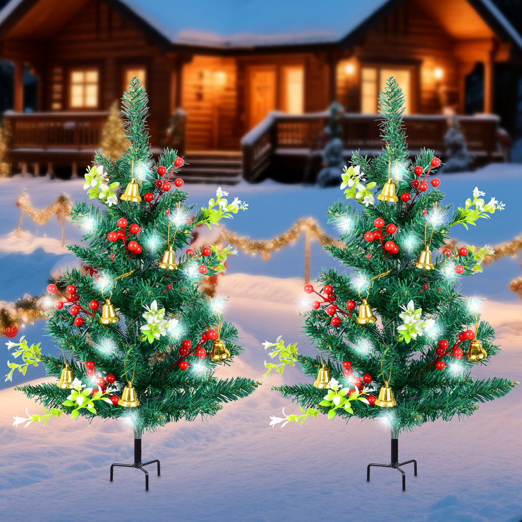 Qoosea 2 pack Christmas Decorations Outdoor, 30 inch Christmas Tree Stake Lights, 40 LED Lights Xmas Decorations for Outside Holiday Yard Porch Pathway Grave Cemetery Decor