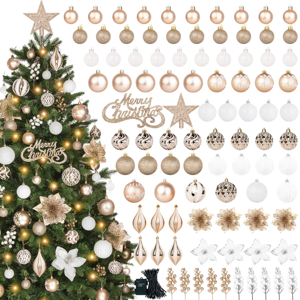  95 Pcs Christmas Tree Ornaments Set, Christmas Poinsettia Flowers Shatterproof Clear Plastic Baubles with Light for Home Holiday Wedding Party Xmas Tree Decor, Champagne