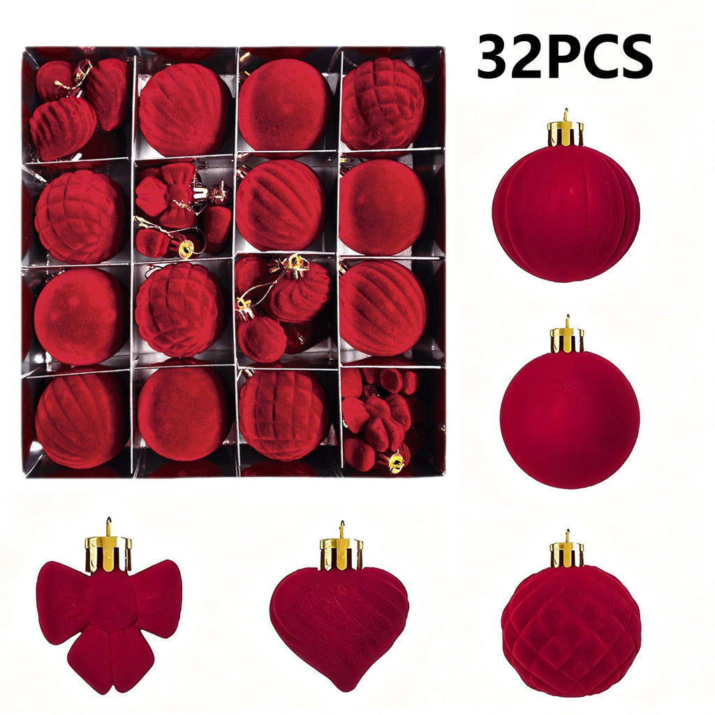 Sddec 32PCS Christmas Balls Ornaments, Dark Red Flocked Fabric, Hanging Strings, 5 styles, for Xmas Tree Wedding Holiday Party Home Decor