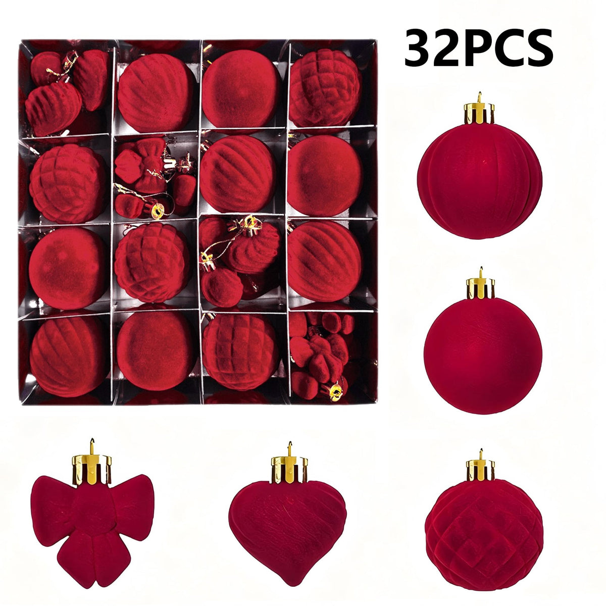 Sddec 32PCS Christmas Balls Ornaments, Dark Red Flocked Fabric, Hanging Strings, 5 styles, for Xmas Tree Wedding Holiday Party Home Decor